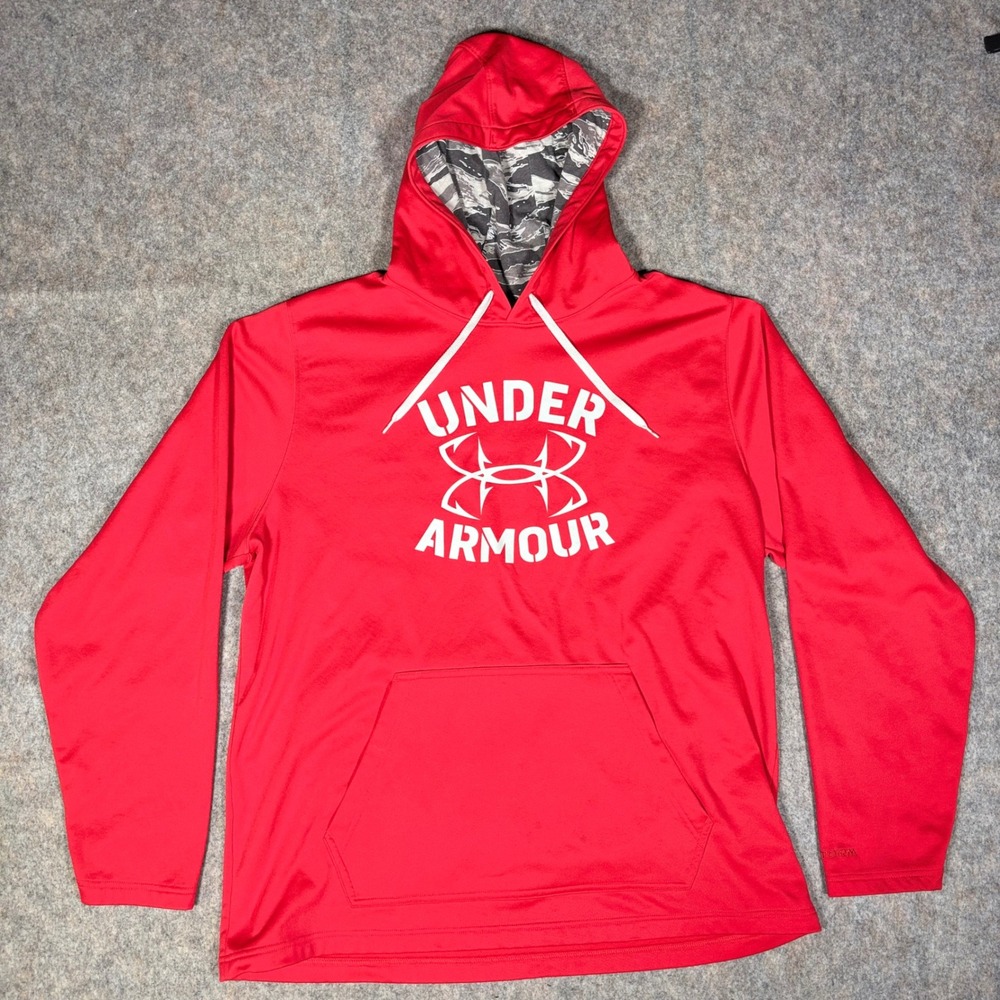 Under Armour Storm Hoodie Mens 2XL Red Hooks Logo Camo Lining Fishing Sweatshirt